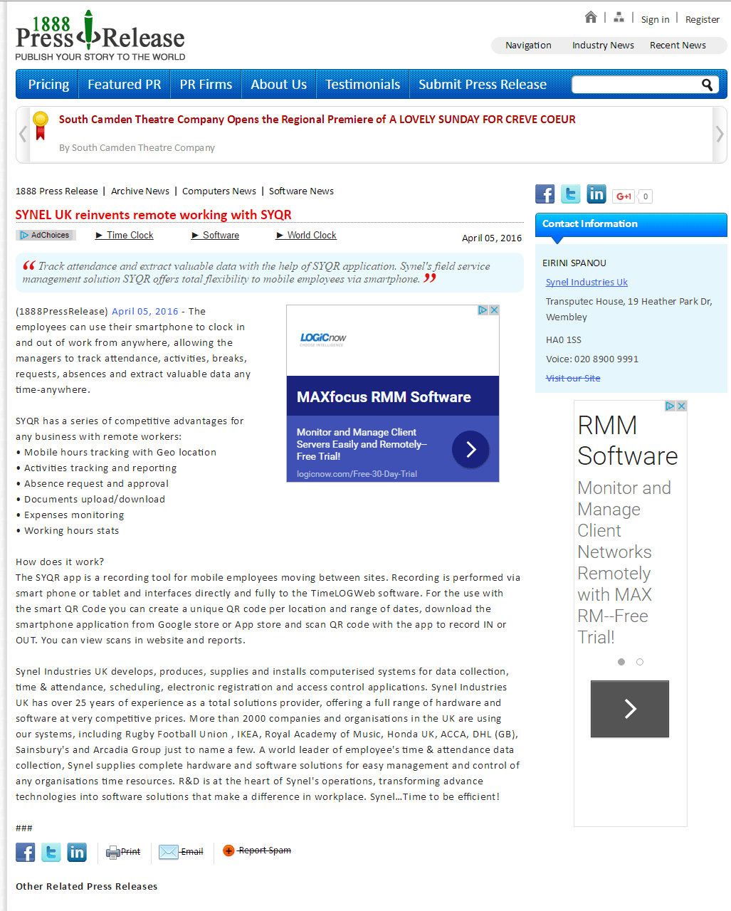 1888pressrelease.com 5th April 2016 1 SYNEL UK www.1888pressrelease.com_050416